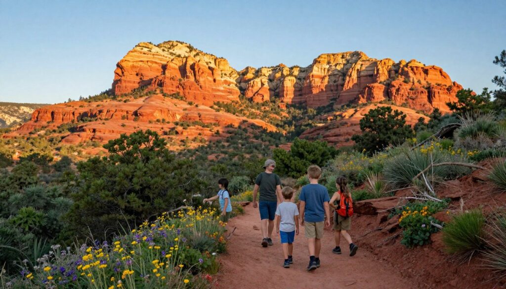 A hiker looking at the glowing red rocks of Cathedral Rock during sunset in Sedona. Sedona Vortex & Spiritual Hiking Guide