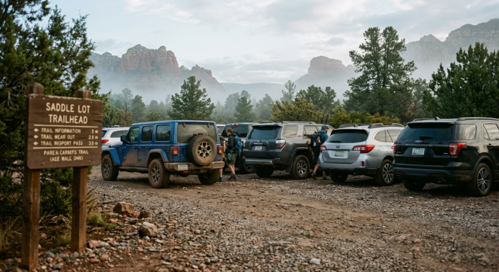 The limited free parking lot at the Airport Mesa trailhead in Sedona, Arizona.