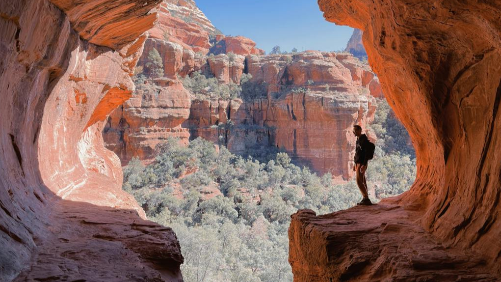 View from inside the Subway Cave looking out at Boynton Canyon in Sedona.