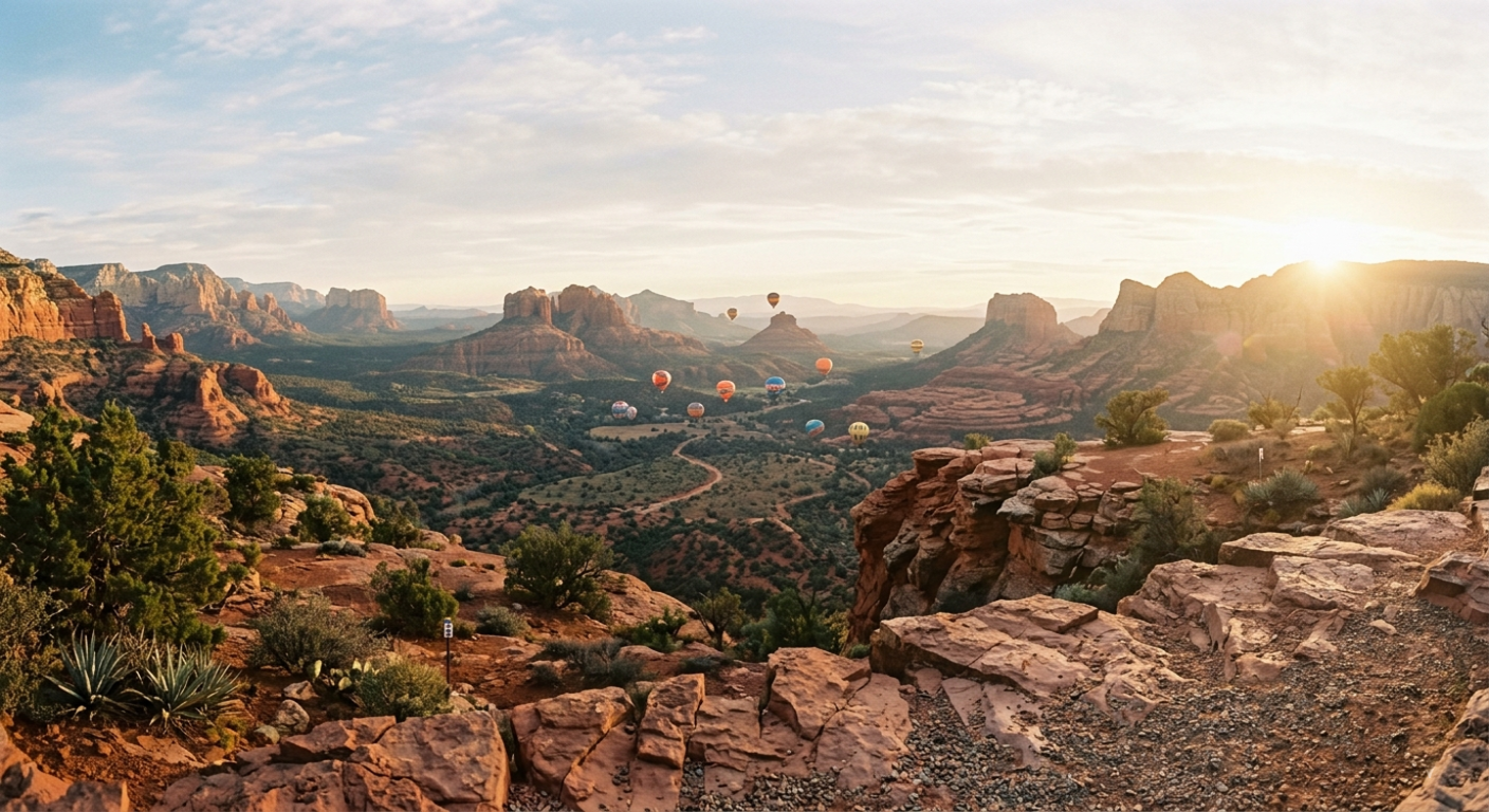 Hot air balloons floating over Sedona red rocks at sunrise from Airport Mesa Trail.