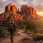 A hiker stands at the heart-shaped opening of Birthing Cave Sedona overlooking the valley.