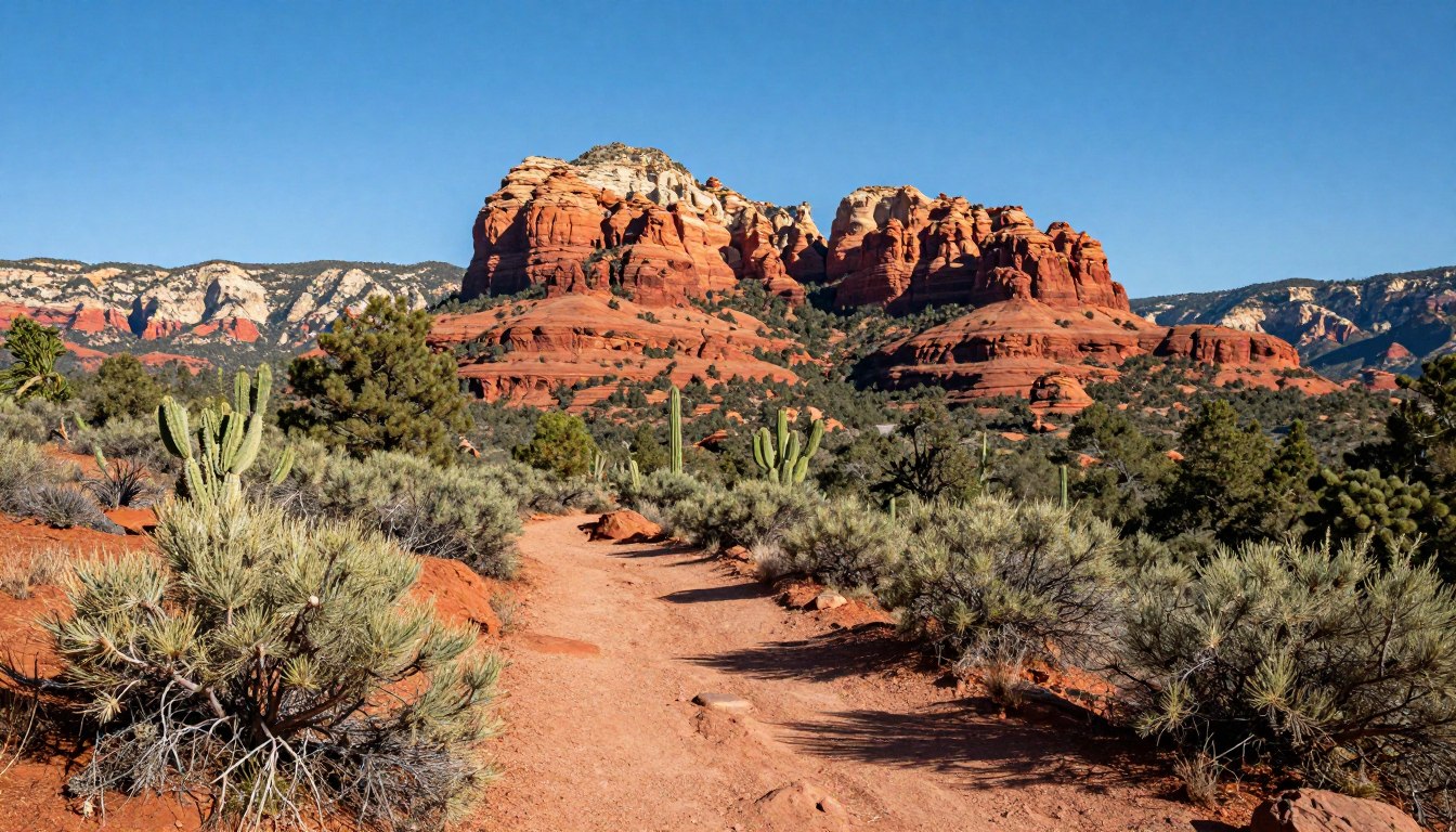 A hiker on the Courthouse Butte Loop Trail in Sedona at sunset with red rock views.