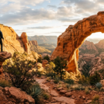 A hiker standing before the massive Fay Canyon Arch in Sedona during golden hour.