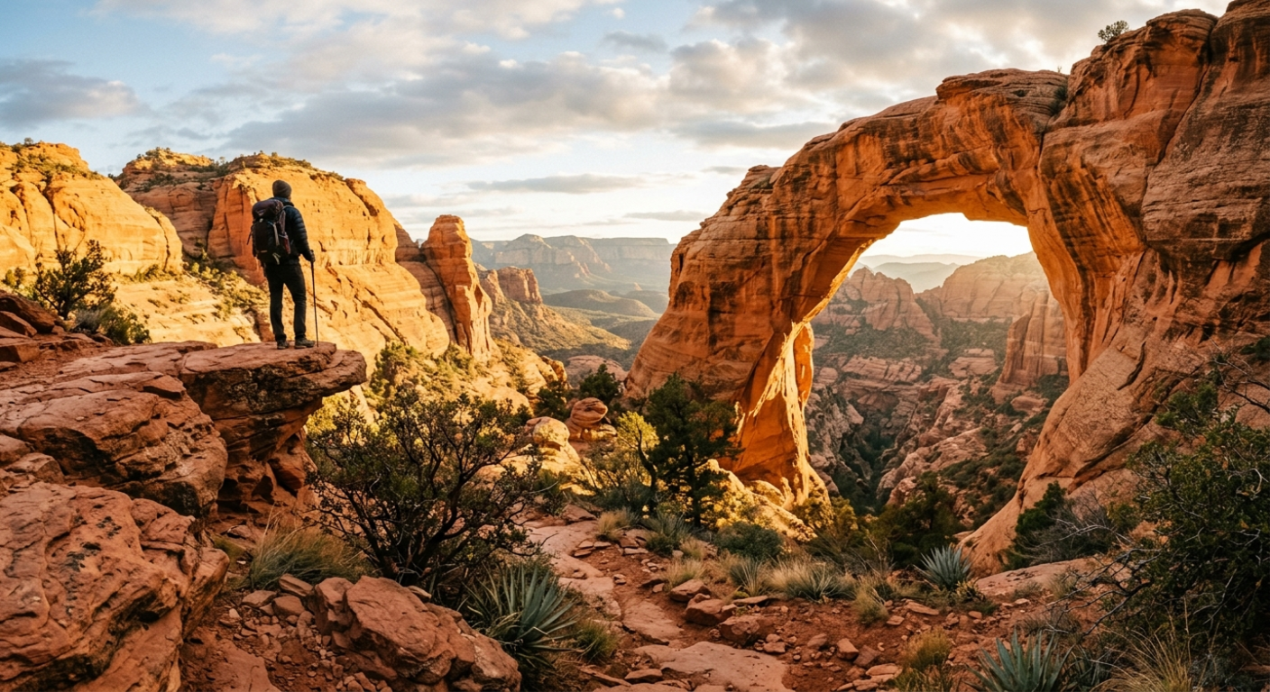 A hiker standing before the massive Fay Canyon Arch in Sedona during golden hour.