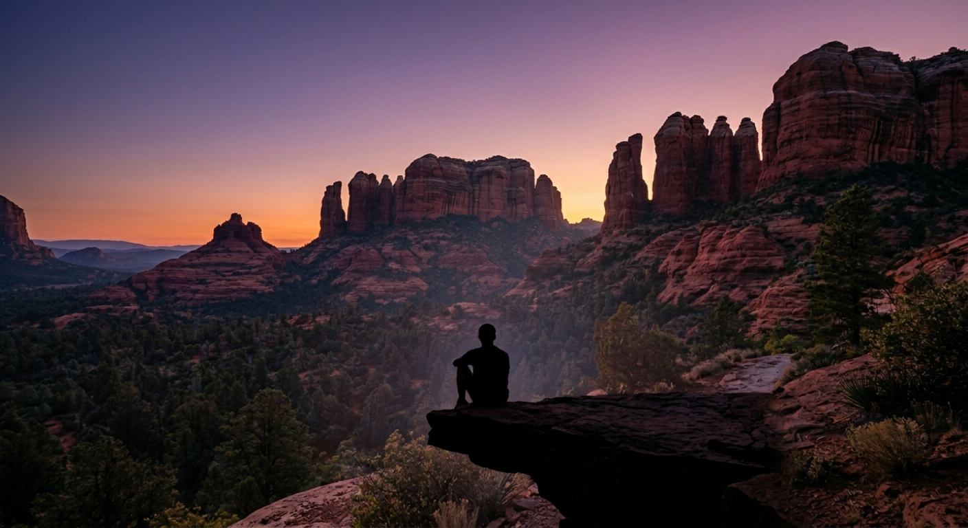 A traveler overlooks a scenic red rock valley in Sedona during a vibrant sunset. Sedona Easy Hike Itineraries