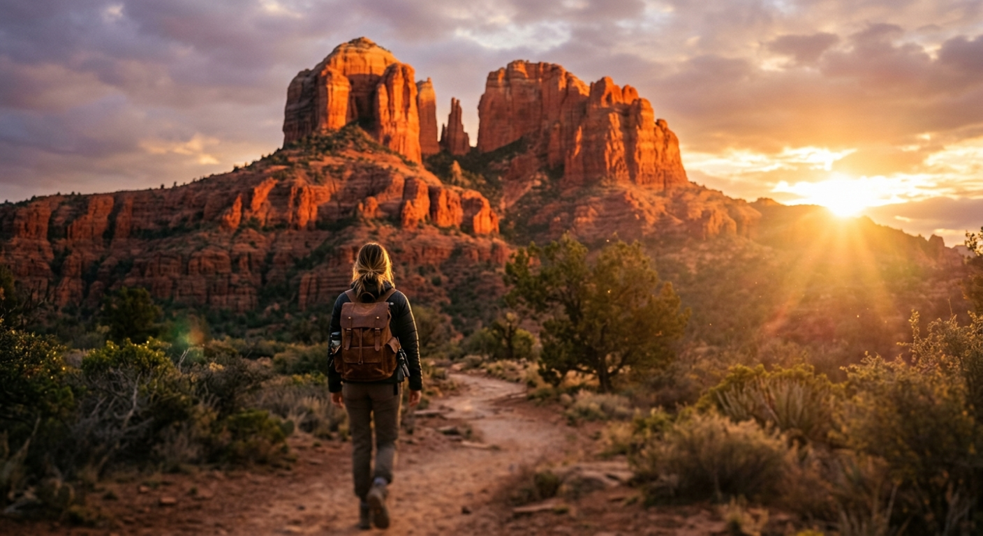 A hiker looking at the glowing red rocks of Cathedral Rock during sunset in Sedona. Sedona Vortex & Spiritual Hiking Guide