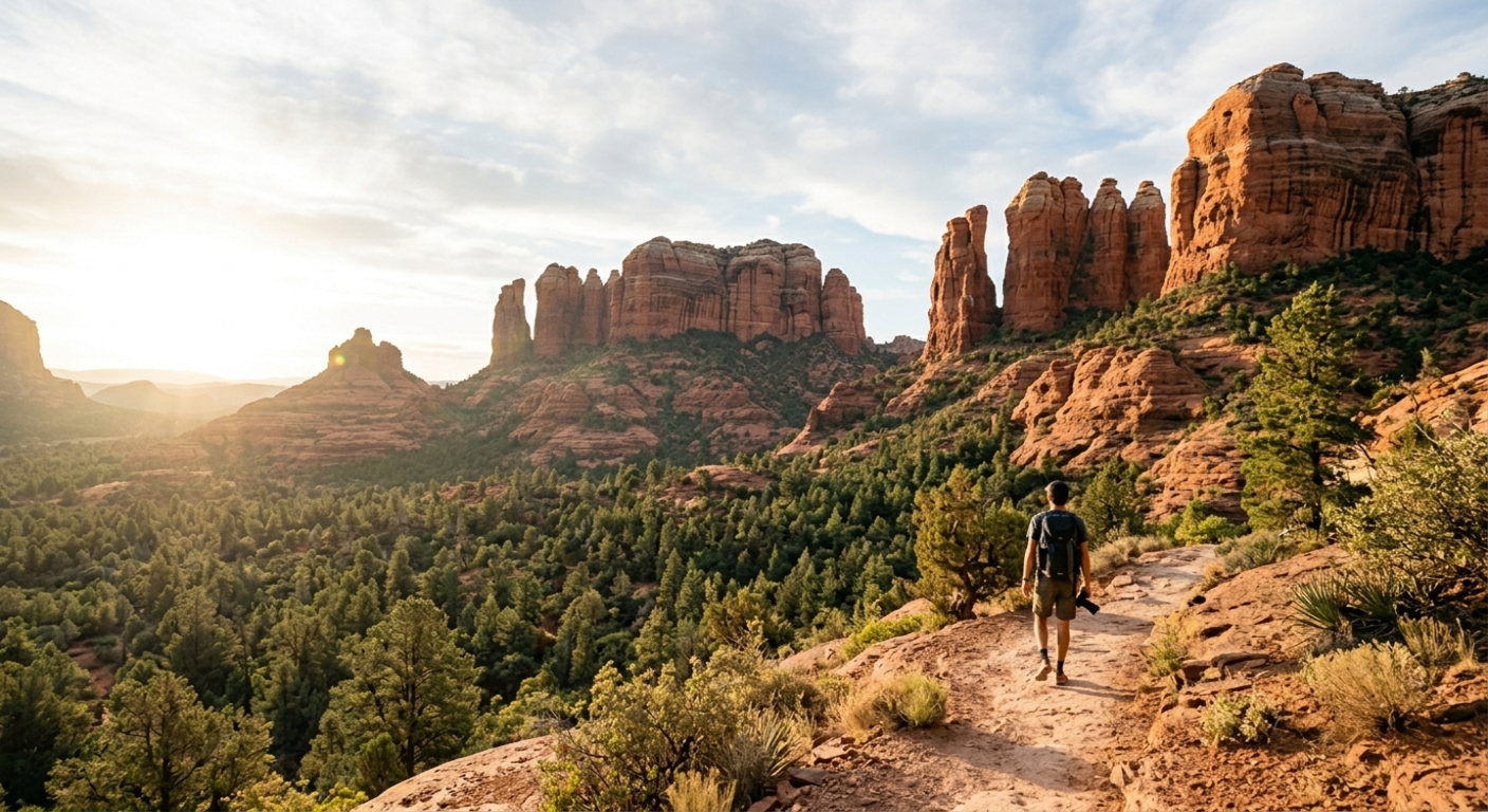 A hiker overlooks the red rock spires of the Soldier Pass trail Sedona during sunrise.
